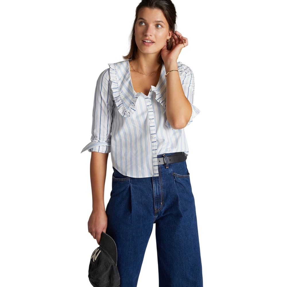 Anthropologie Maeve Ruffled Collar Buttondown‎ Blue Striped Shirt Blue Ruffle 8